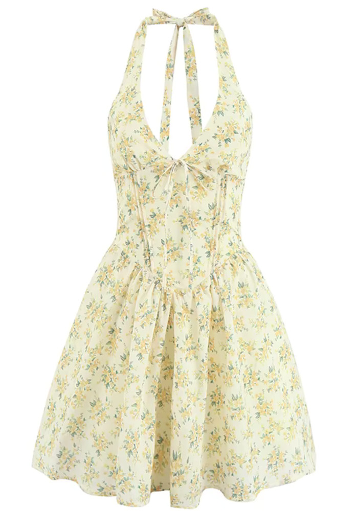 Halter Floral Skater Dress Yellow - Main Image