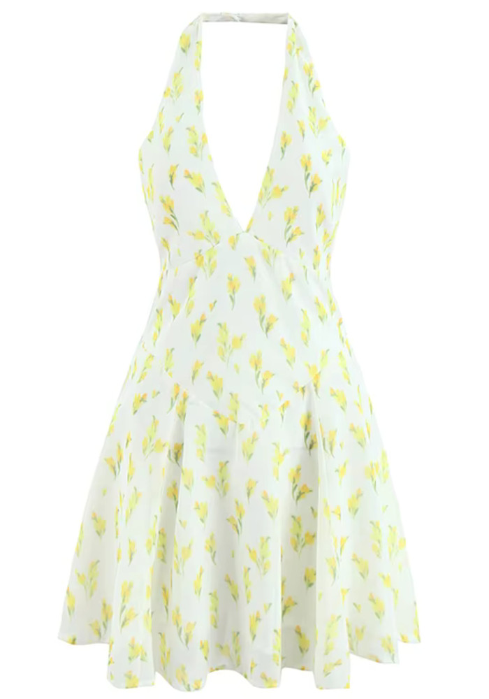 Halter Floral A Line Dress Yellow Halter Floral A Line Dress Yellow