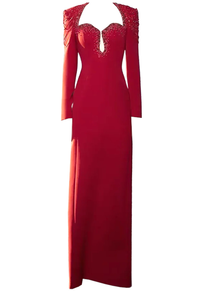 Long Sleeve Embellished Shoulders Maxi Dress Red Long Sleeve Embellished Shoulders Maxi Dress Red