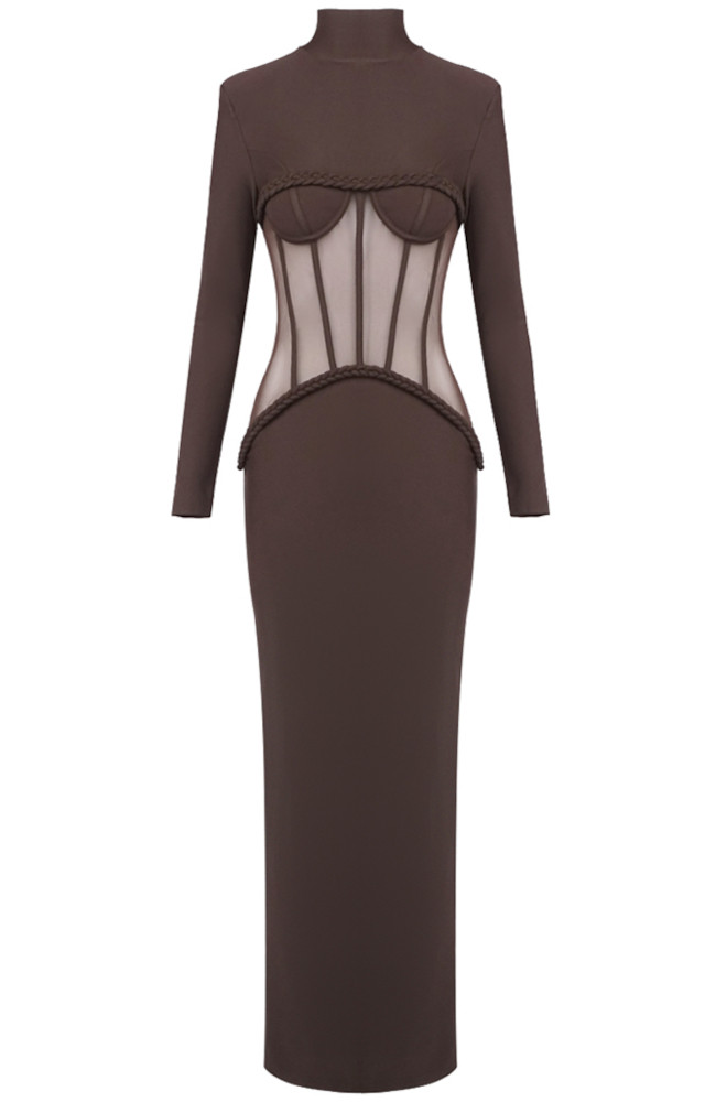 brown long sleeve mesh dress Mesh Long Sleeve Sparkly Maxi Dress Brown