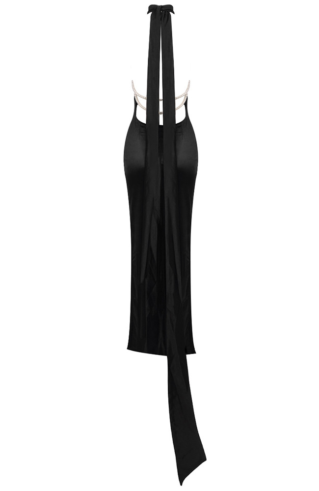 Halter Pearl Backless Maxi Dress Black