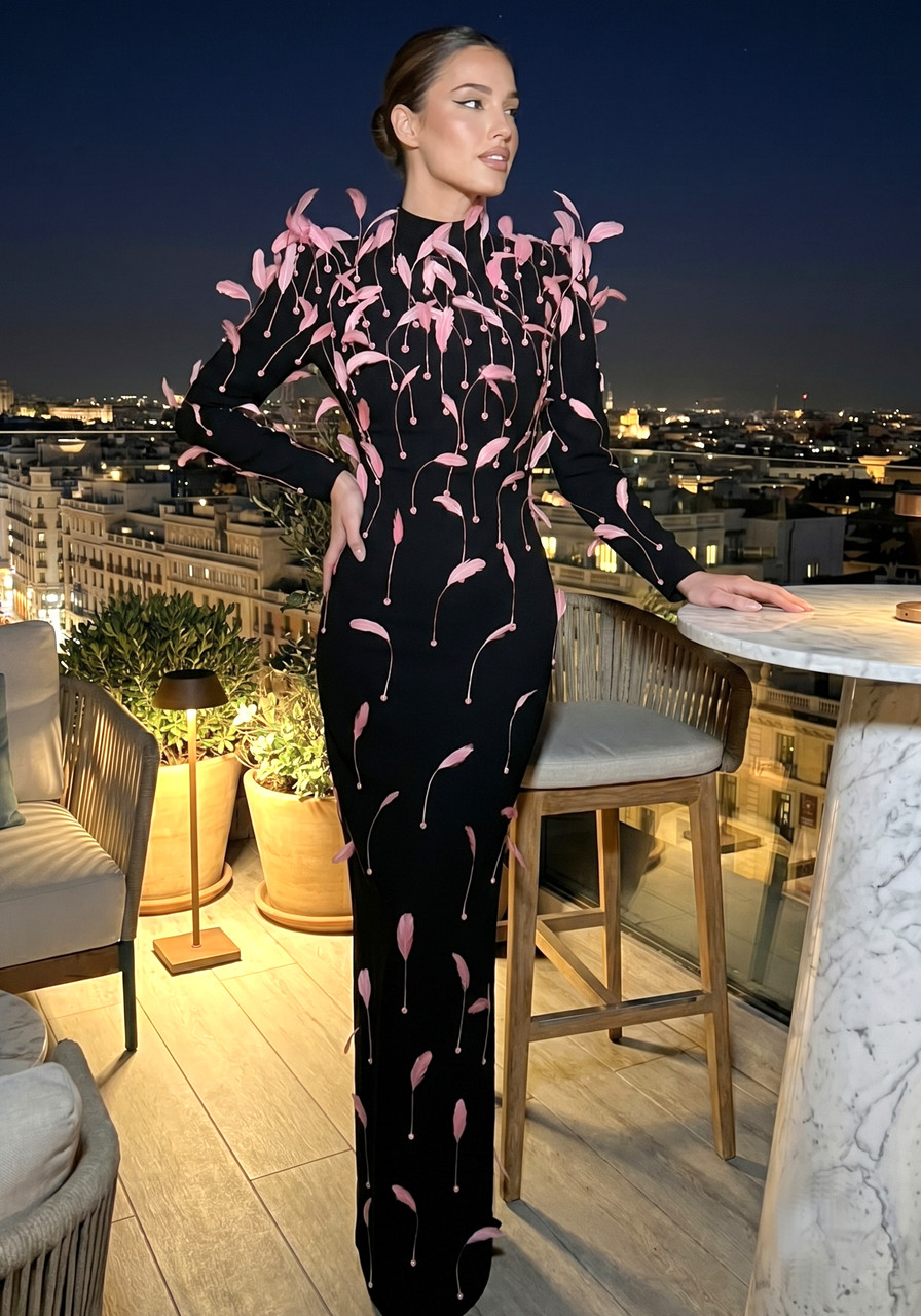 black dress with pink feathers Britney Feather Bandage Mini Dress - Black/Pink