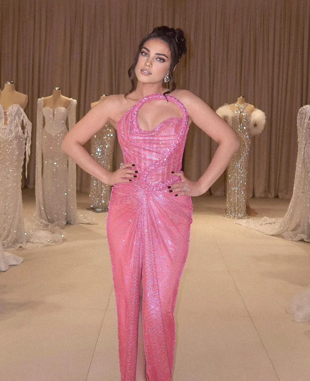 pink structured maxi dress Sky to Moon Blaire Pink Satin Maxi Dress | Babydoll Tiered Fit-and-Flare A-Line Corset Top Floor Length Sleeveless Hot Pink Fuchsia