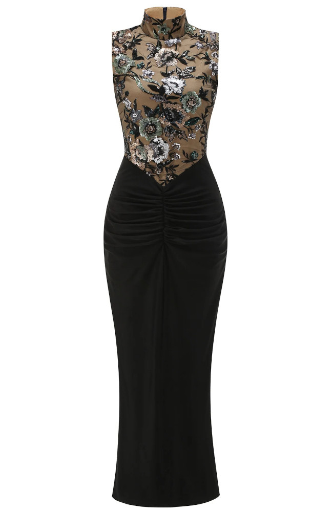 embroidered maxi dress black Floral Embroidered Ruffled Maxi Dress-Black S main image 1