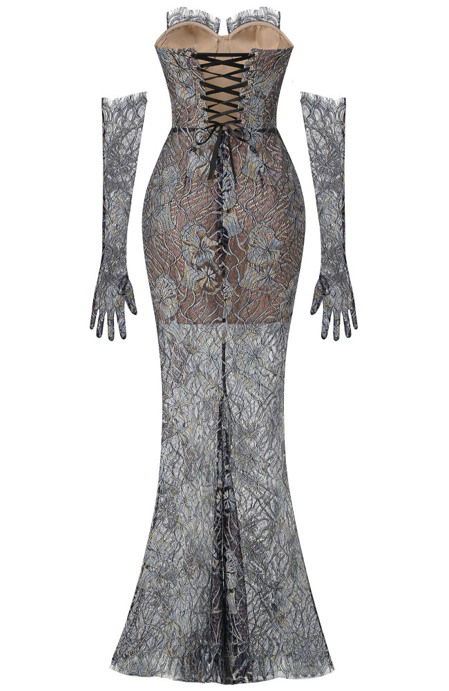 Strapless Corset Lace Maxi Dress Black Silver Strapless Corset Lace Maxi Dress Black Silver