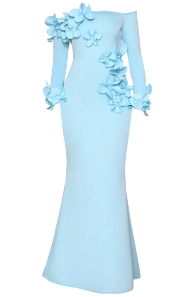 Long Sleeve Floral Bardot Maxi Dress Light Blue - Luxe Floral Dresses and  Luxe Party Dresses
