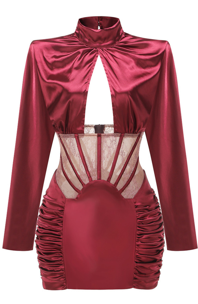 Long Sleeve Lace Corset Dress Burgundy - Luxe Lace Dresses and Luxe Party  Dresses