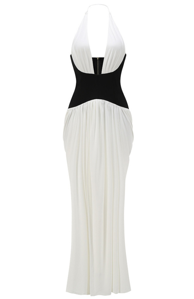 Halter Structured Draped Maxi Dress Black White