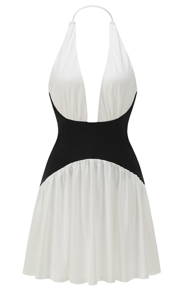 Halter Structured A Line Dress Black White