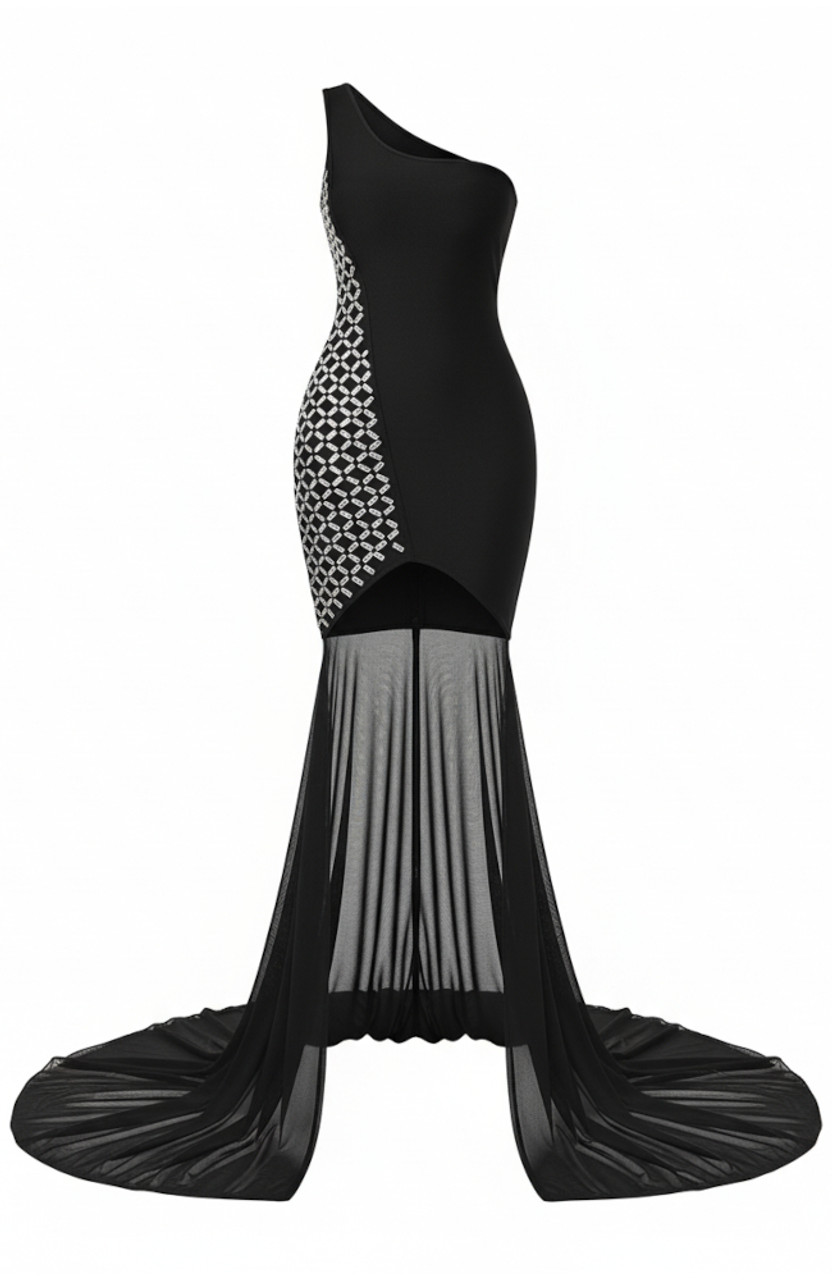 Embellished One Shoulder Tail Dress Black - Luxe Mini Embellished One Shoulder Tail Dress Black - Luxe Mini