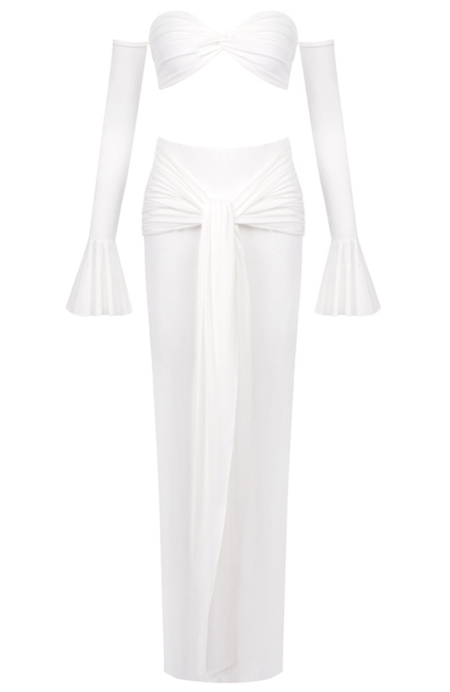 knee length dresses for ladies Pretty Perfect White Maternity Ruched Mesh Bardot Maxi Dress – Club L  London main image 0