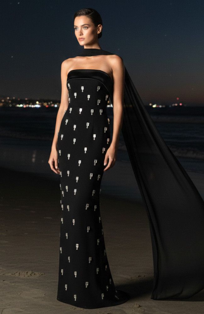 Strapless Crystal Detail Scarf Maxi Dress Black