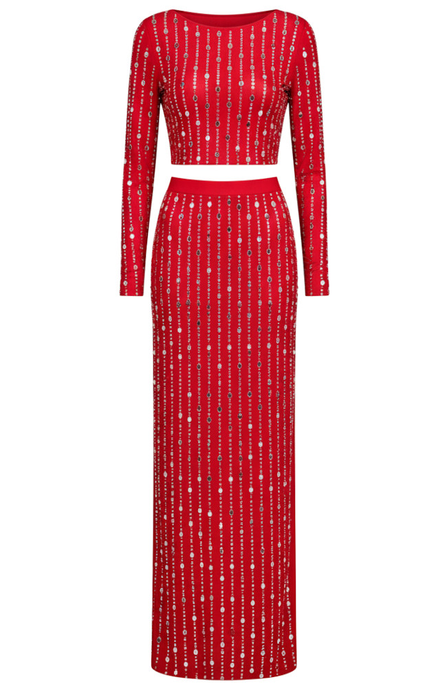 Long Sleeve Crystal Maxi Two Piece Dress Red