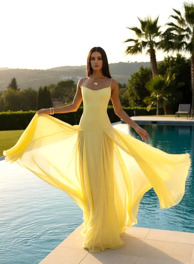 strapless open back dress Pretty Two Pieces Simple Yellow A-Line Prom Dresses for Teens Party Dresses main image 0