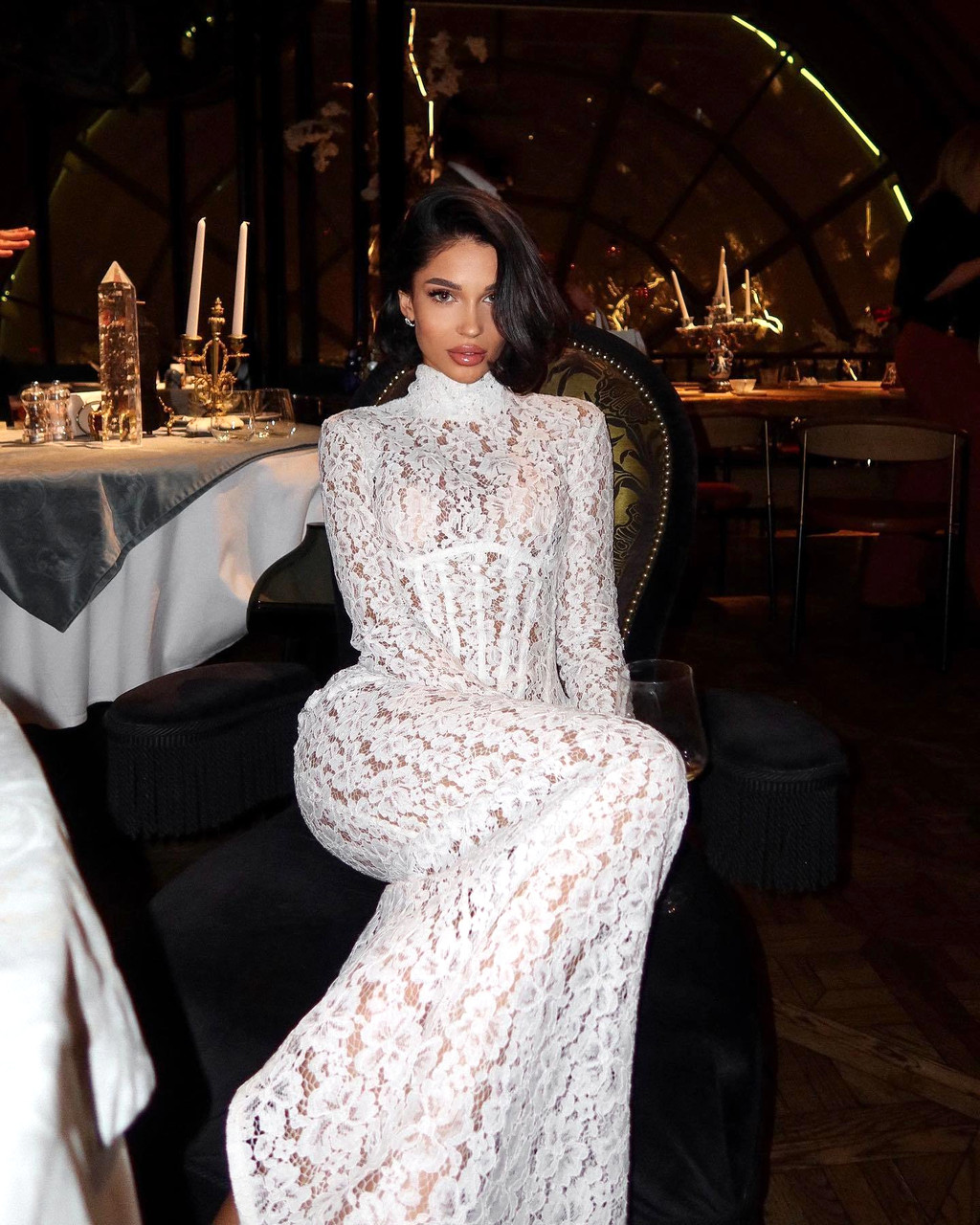 knee length dresses for ladies Long-Sleeve Beaded Long Formal Dress