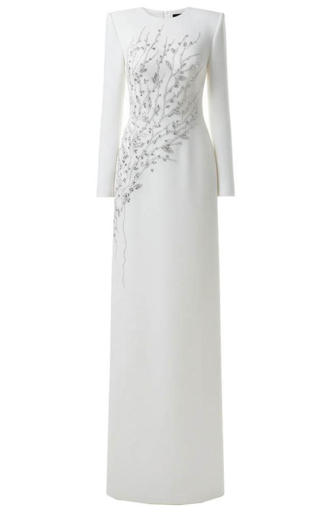 Long Sleeve Crystal Floral Maxi Dress White Long Sleeve Crystal Floral Maxi Dress White