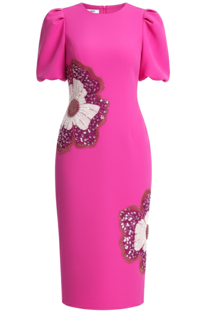 Short Sleeve Sequin Floral Detail Midi Dress Hot Pink - Luxe Midi Dresses  and Luxe Party Dresses
