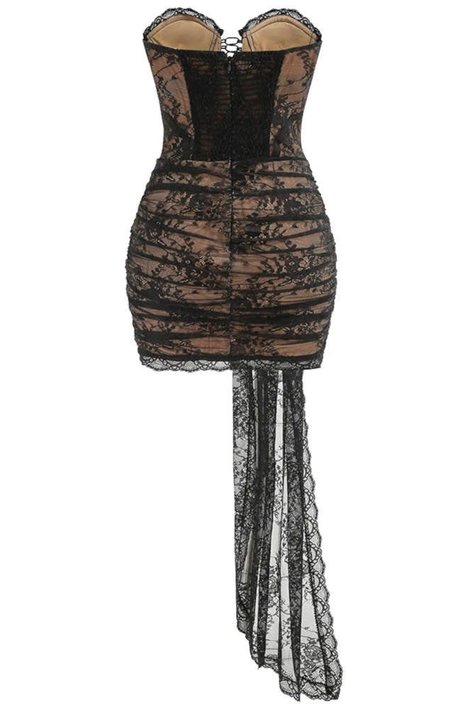 knee length dresses for ladies Sultry black corset mini dress with lace hem, Parisienne