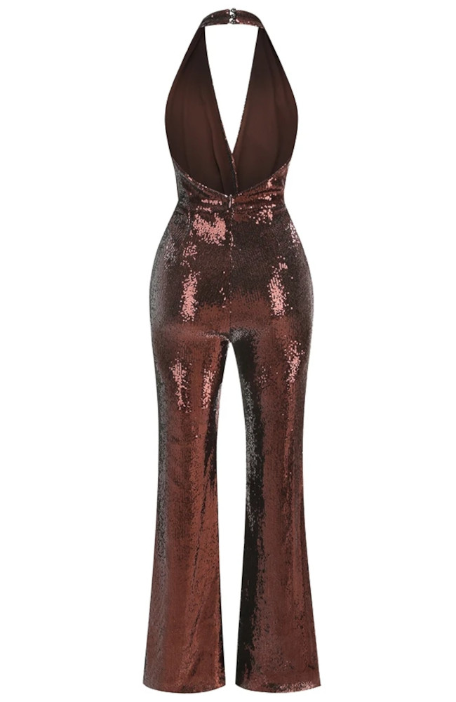 Halter Draped Sequin Jumpsuit Brown