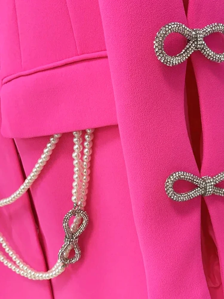 Long Sleeve Pearl Crystal Bow Blazer Dress Hot Pink