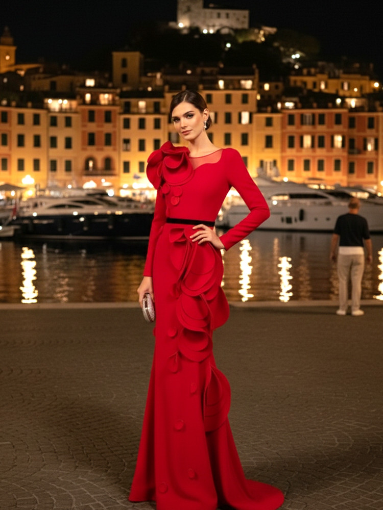 designer red dress with sleeves Eternal Blossom Red Gown Teuta Matoshi