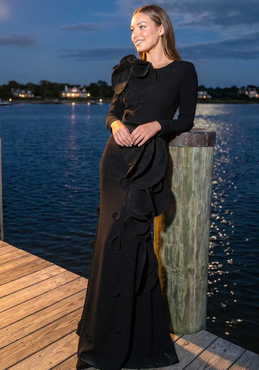 best long sleeve maxi dresses Long Sleeve Petal Detail Maxi Dress Black