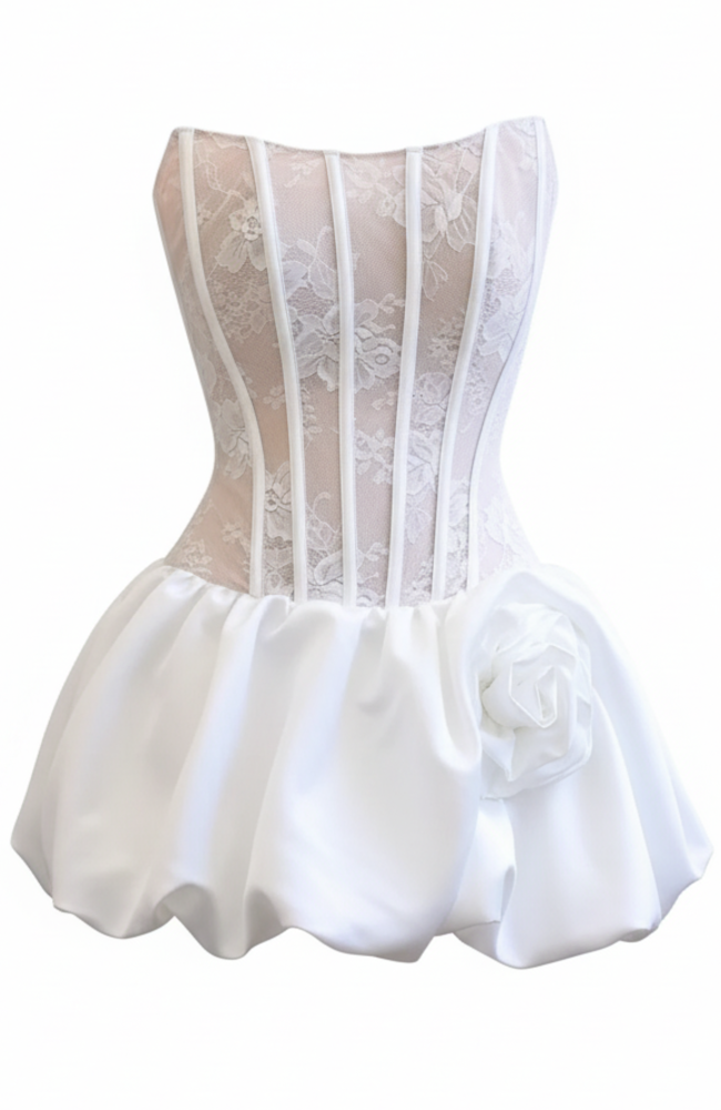 white puffy corset dress Puff-Sleeve Strapless Long White Bridal Gown CD962W Off White / 2