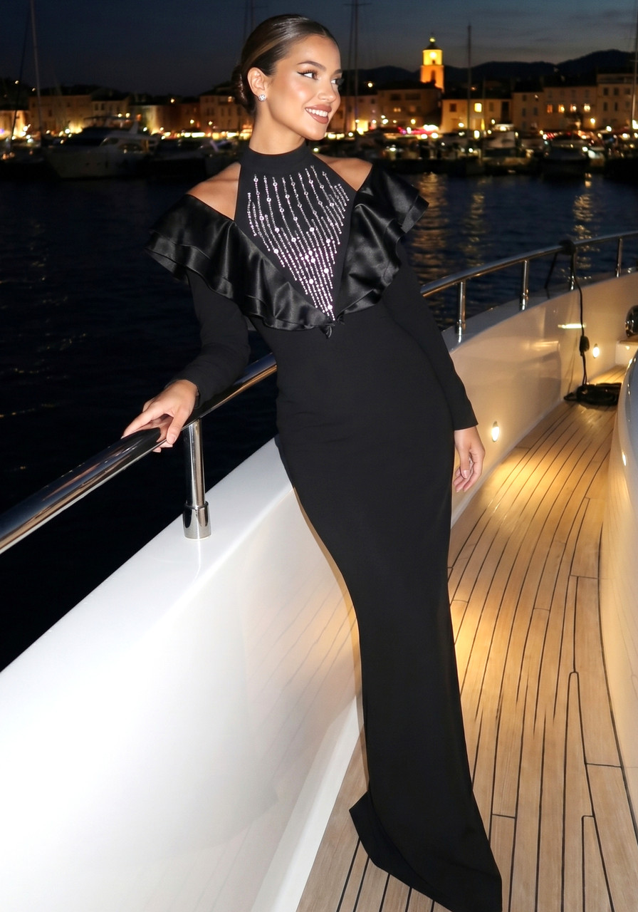 Long Sleeve Crystal Ruffle Detail Maxi Dress Black - Luxe Maxi Dresses and  Luxe Party Dresses