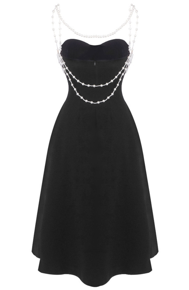Pearl Detail A Line Midi Dress Black