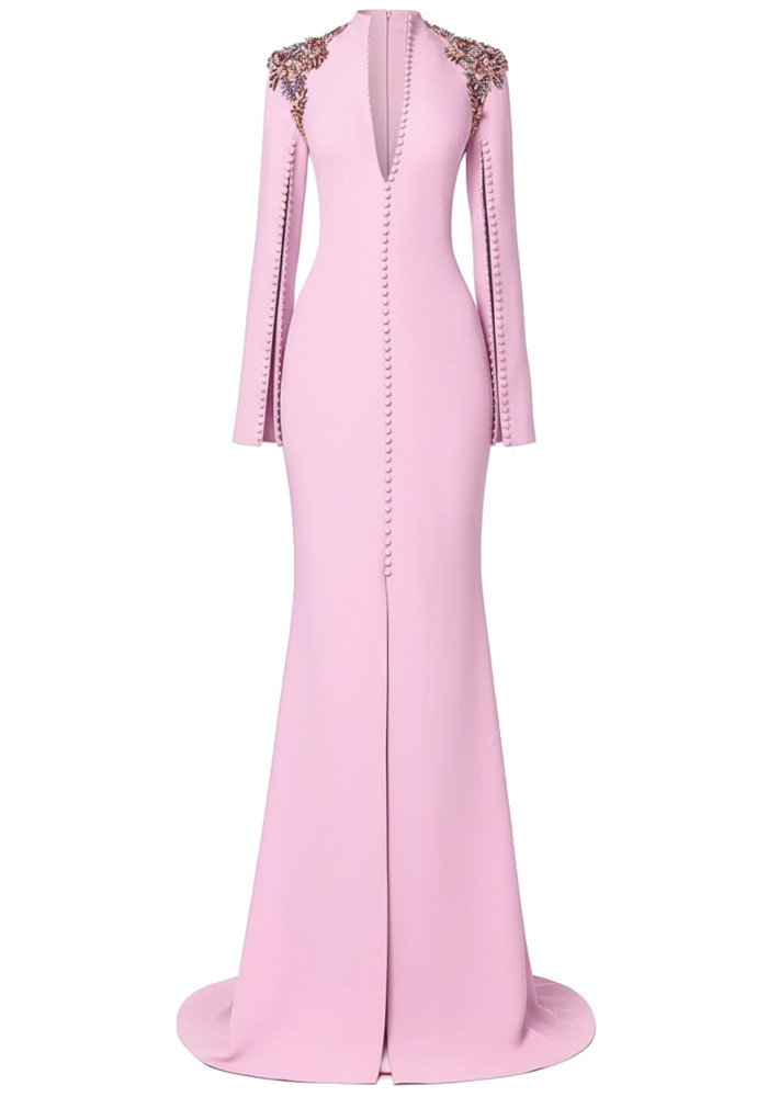 open lace back dress Iris Long Sleeve Satin Maxi Dress / Soft Pink | Meshki