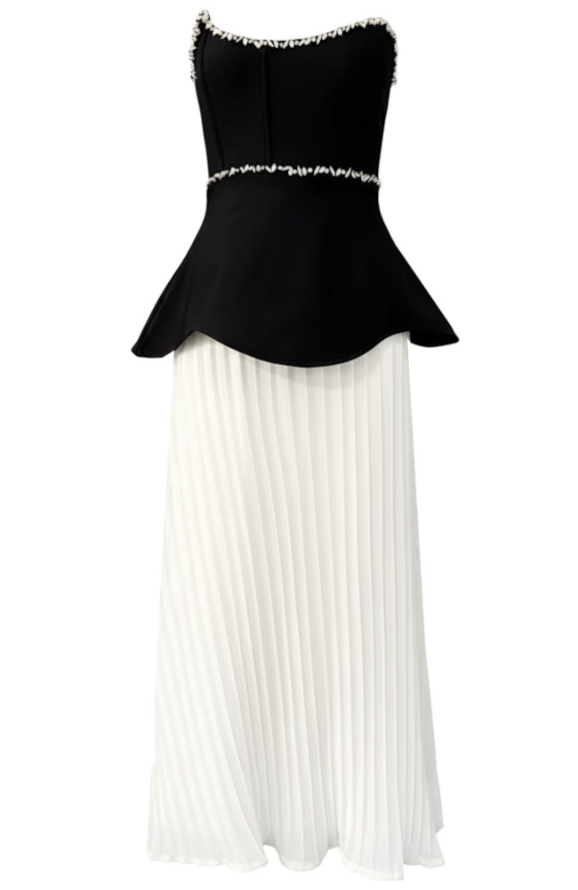 Strapless Crystal Peplum Pleated Midi Dress Black White Luxe