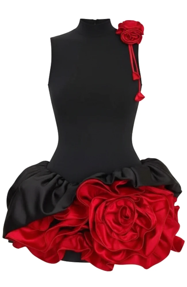 black and red ruffle dress Vestido Mini Con Olanes Laynee - Negro/Rojo