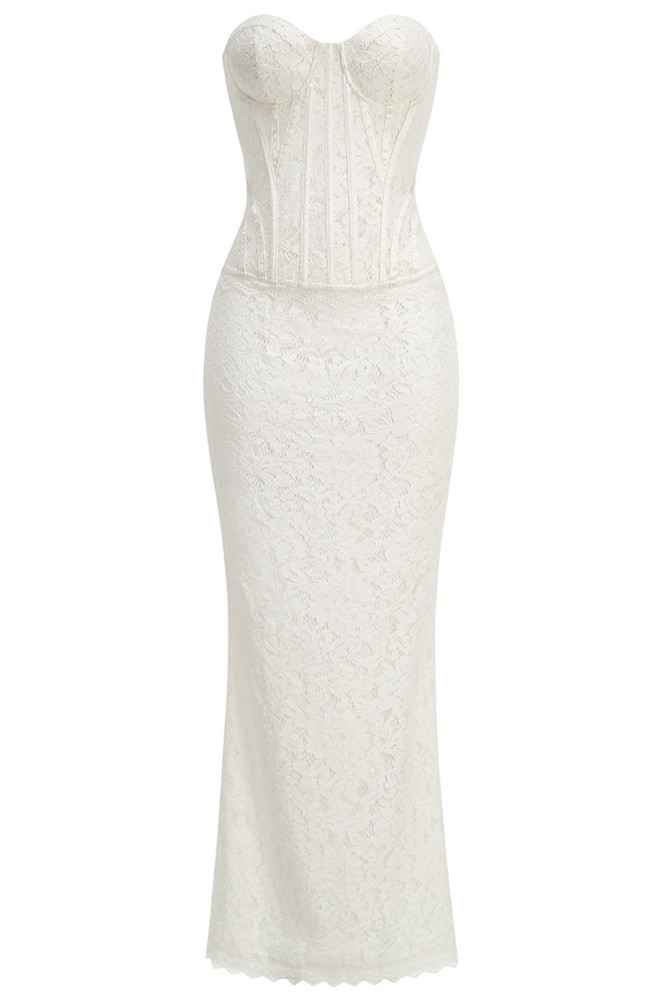 Strapless Lace Corset Two Piece Maxi Dress White Luxe Corset