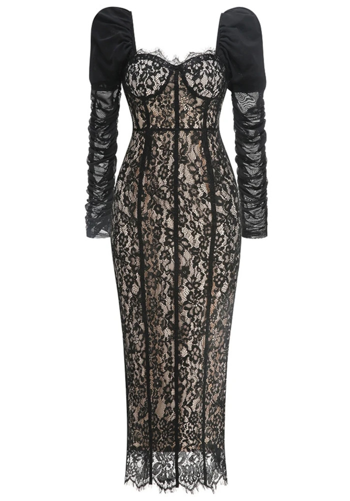 black lace puff sleeve dress Puff Long Sleeve Lace Maxi Dress Black
