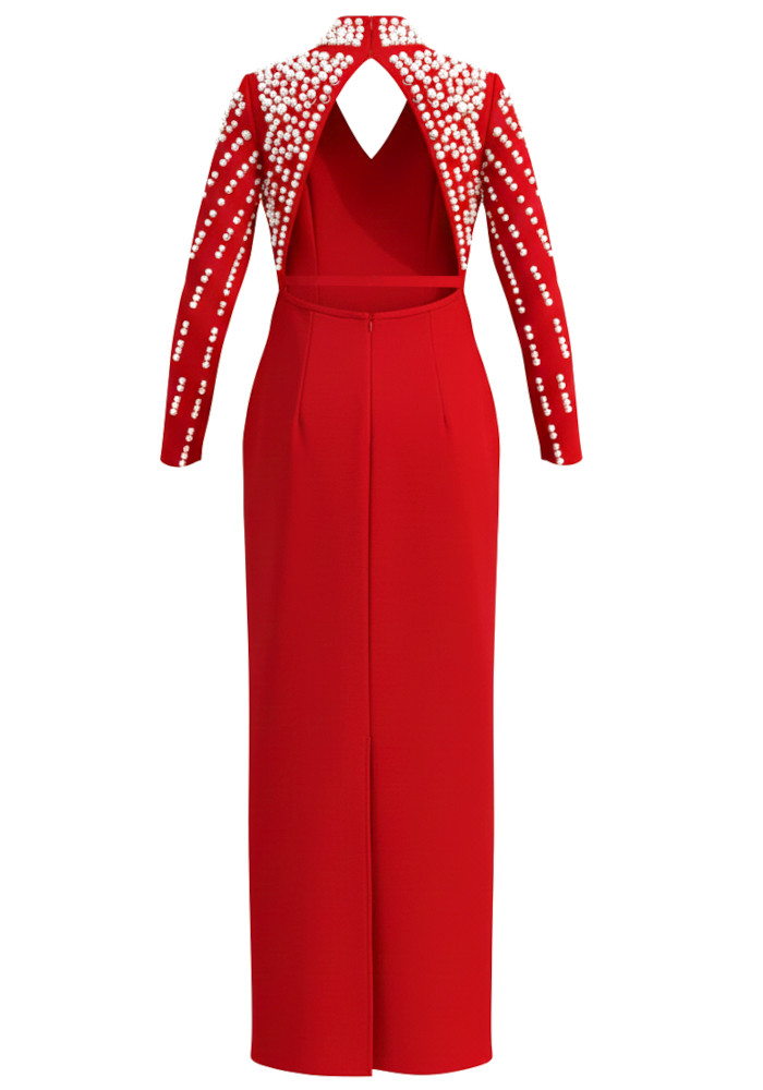 red backless dress with sleeves Open back long sleeve gown