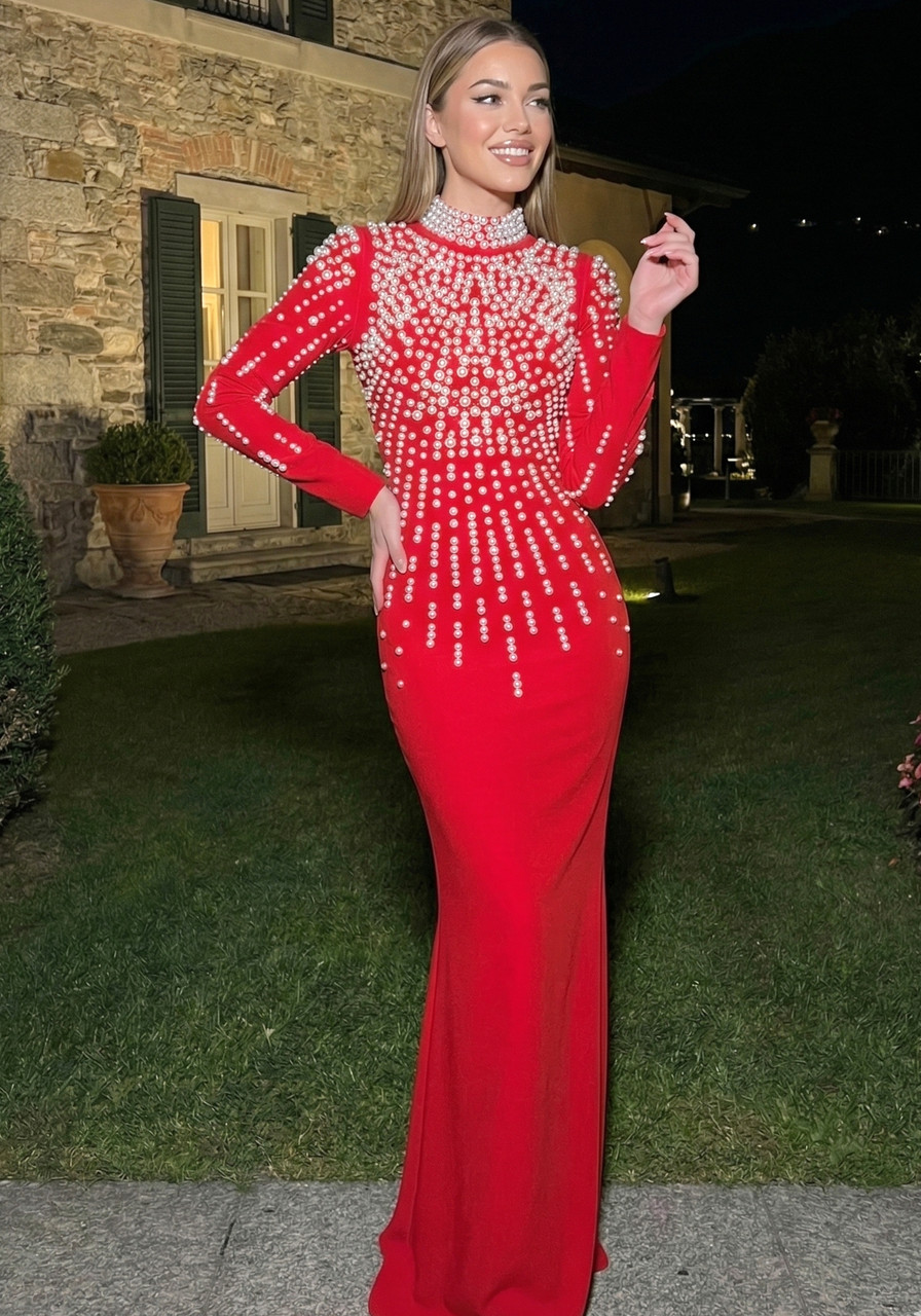Long Sleeve Pearl Backless Maxi Dress Red