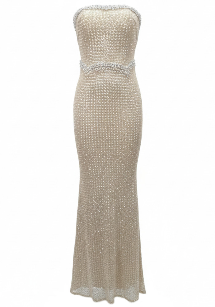 Strapless Pearl Detail Sequin Maxi Dress Gold Strapless Pearl Detail Sequin Maxi Dress Gold