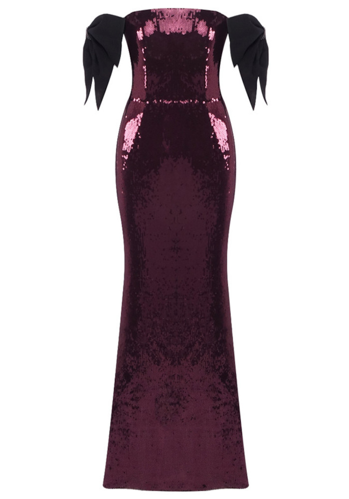 Bow Detail Bardot Sequin Maxi Dress Burgundy