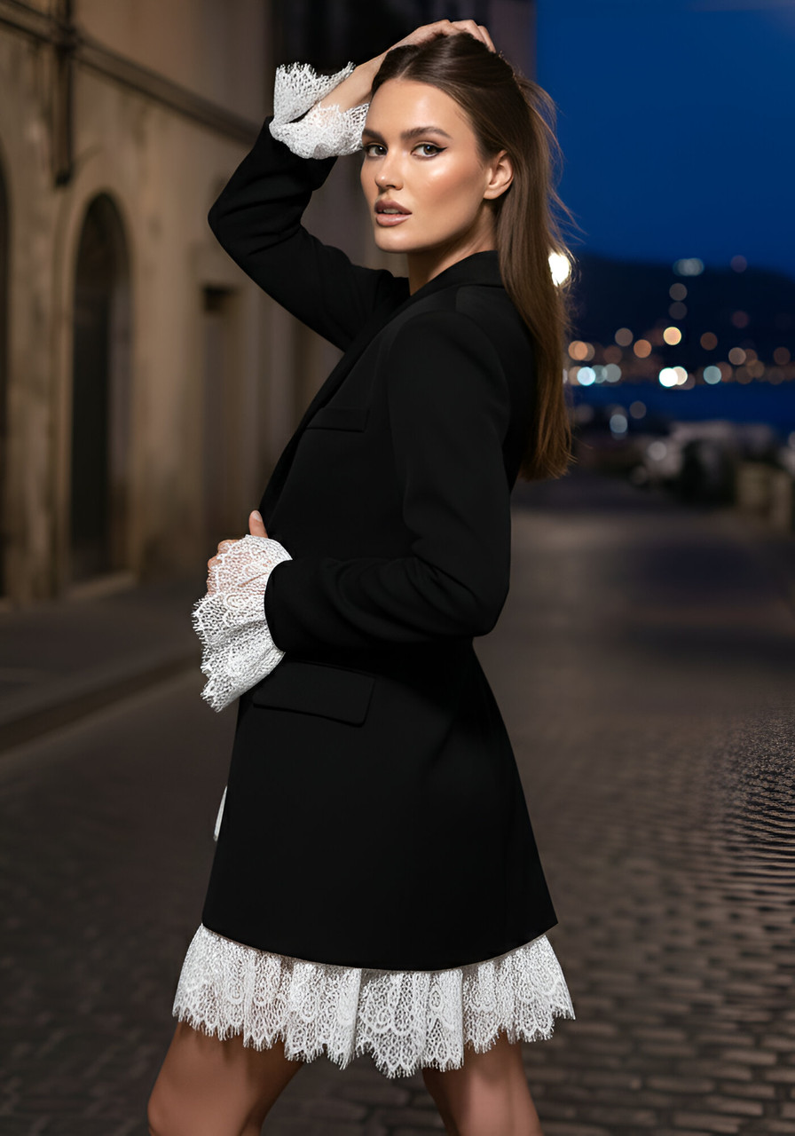 Long Sleeve Lace Blazer Dress Black White Long Sleeve Lace Blazer Dress Black White