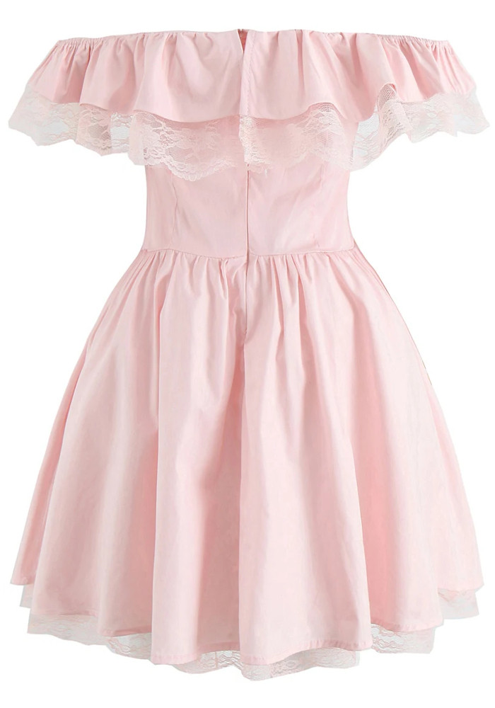 Bardot Bow Lace A Line Dress Pink - Luxe Skater Dresses and Luxe Party  Dresses