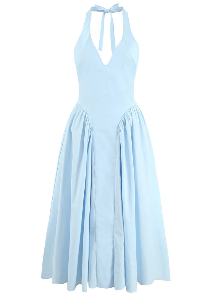princess polly baby blue dress Halter Neck Maxi Dress Light Blue Backless with High Slit | Plunging V-Neck  Formal Gown | Flowy A-Line Evening Prom Wedding Guest Dress main image 0