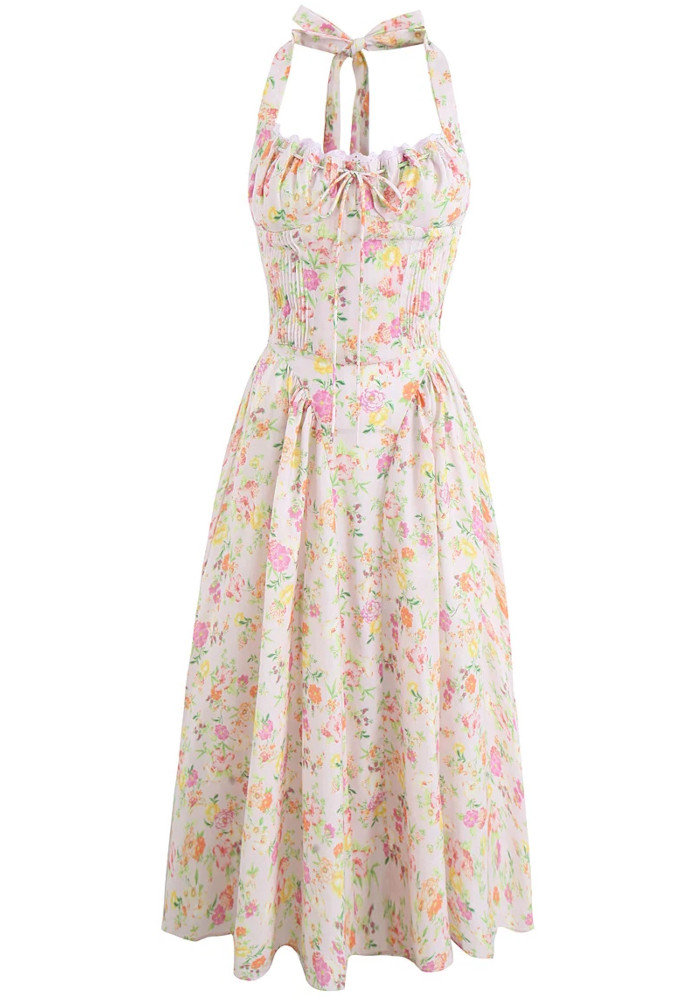 Halter Bustier Skater Midi Dress Floral Pink - Luxe Floral Dresses and Luxe  Party Dresses