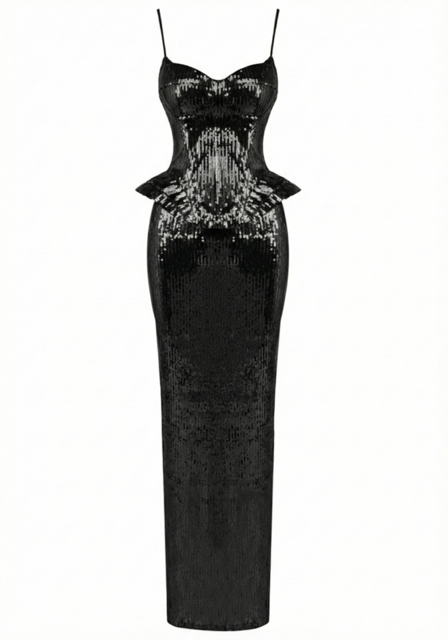 black sequin peplum dress Strapless Peplum Sequin Two Piece Maxi Dress Black