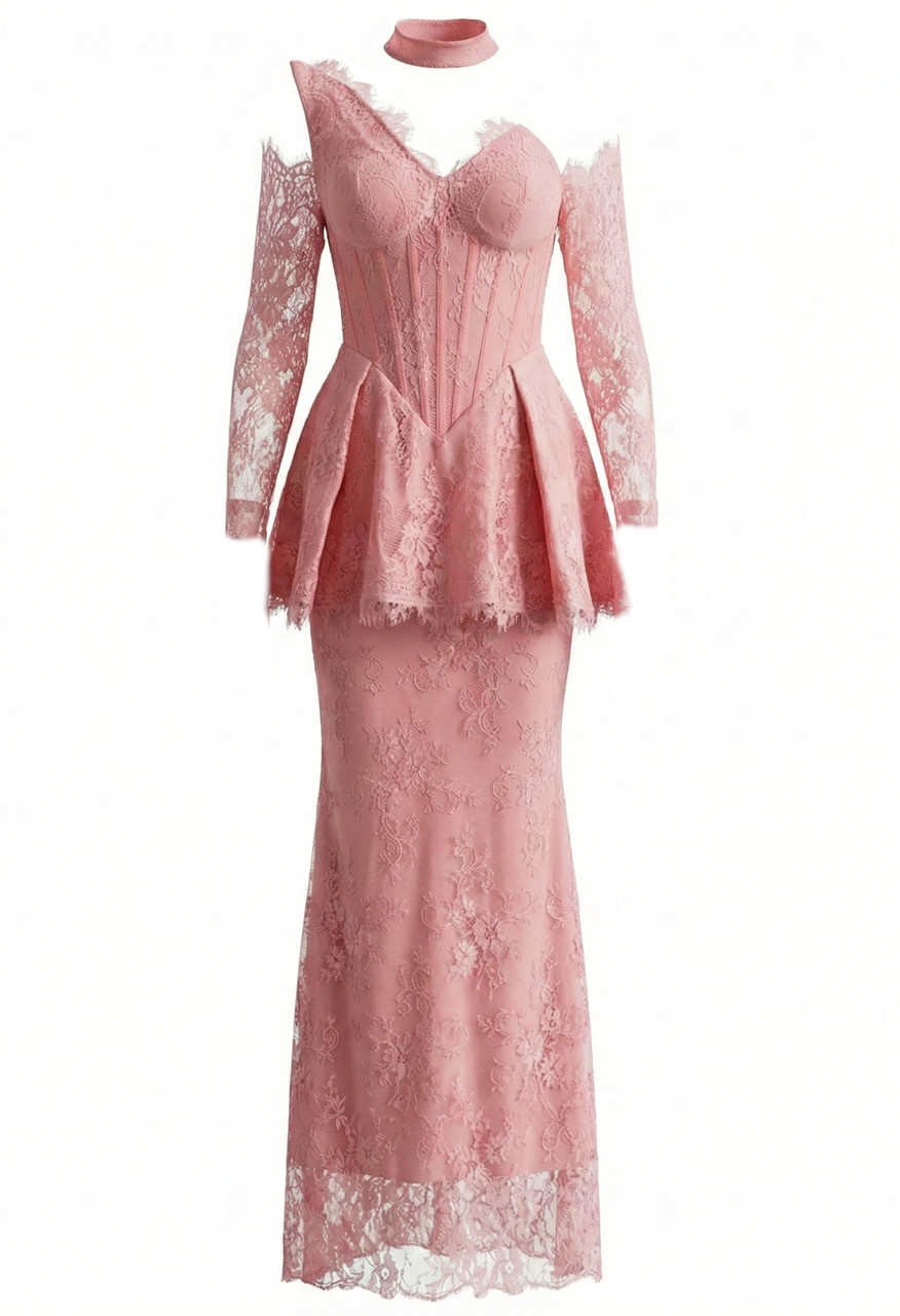 One Shoulder Lace Peplum Maxi Dress Pink One Shoulder Lace Peplum Maxi Dress Pink