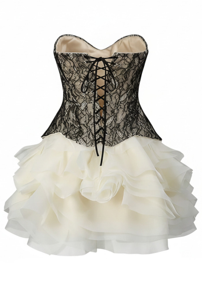 Strapless Lace Corset Ruffle Two Piece Dress Black Ivory