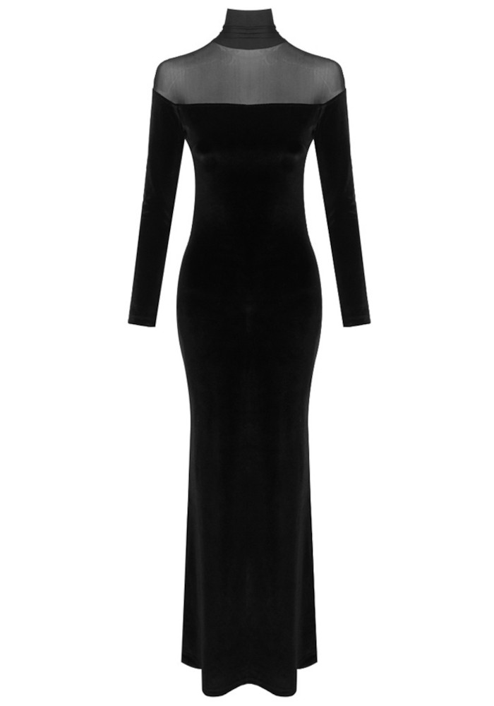 Long Sleeve Mesh Insert Maxi Velvet Dress Black - Luxe Velvet