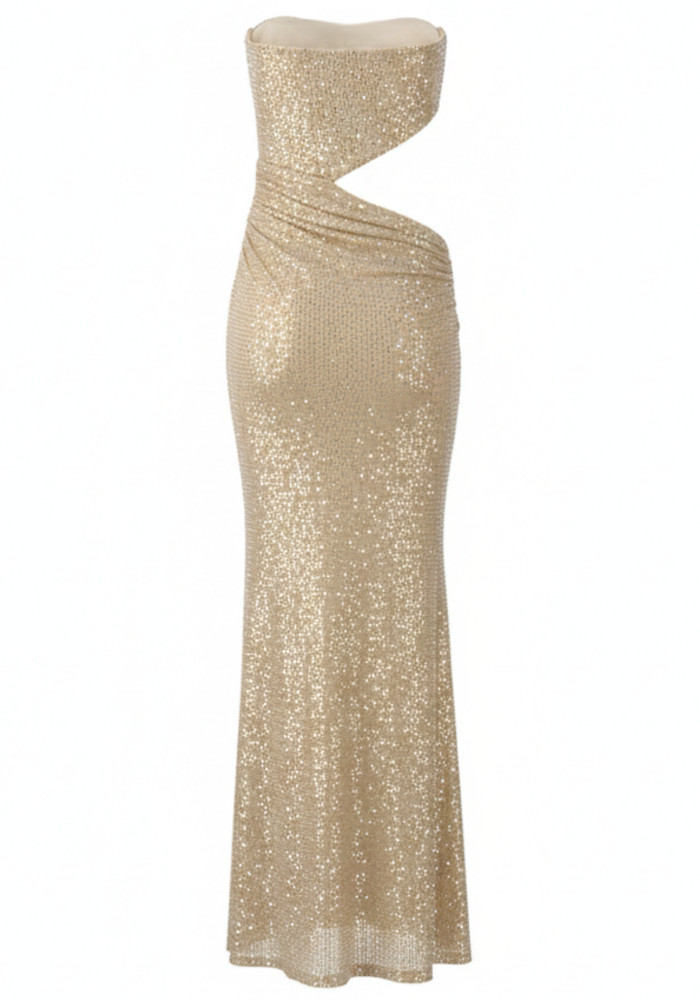 glitter nude dress Glitter Nude Beige Ruffled Shoulder Trumpet Prom Dress main image 0