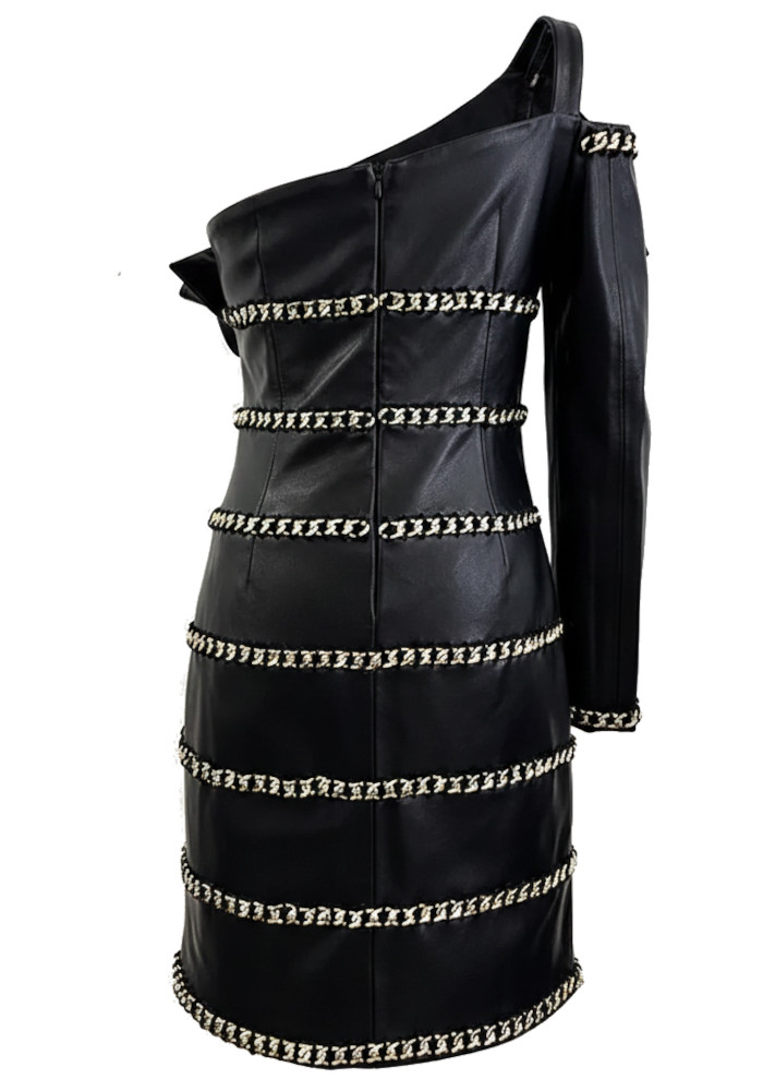knee length dresses for ladies BLACK FAUX LEATHER SCALLOPED DRESS main image 1