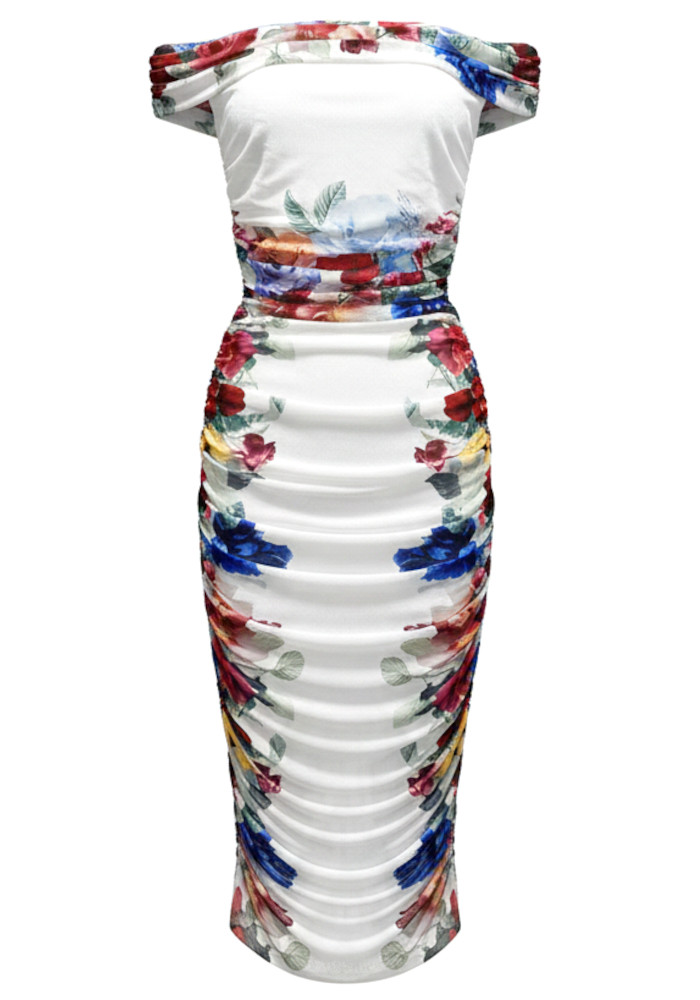 Draped Floral Bardot Midi Two Piece Dress White Draped Floral Bardot Midi Two Piece Dress White