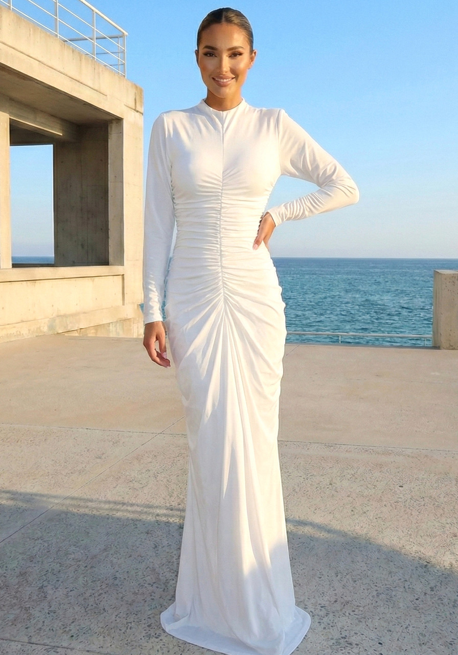 elegant long dresses Andrea & Leo Couture A0997W Pearl Formal Dress Classy Evening Gown 18 / Off White/Nude please refer to our Dresses for Women | Color:Turquiose pair:olympia-textured-square-earrings-gold